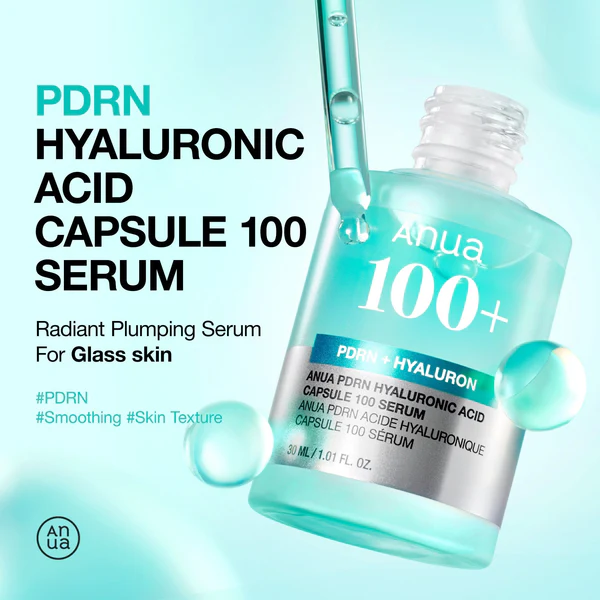 Official Anua promotional product photograph showing the PDRN serum bottle and dropper