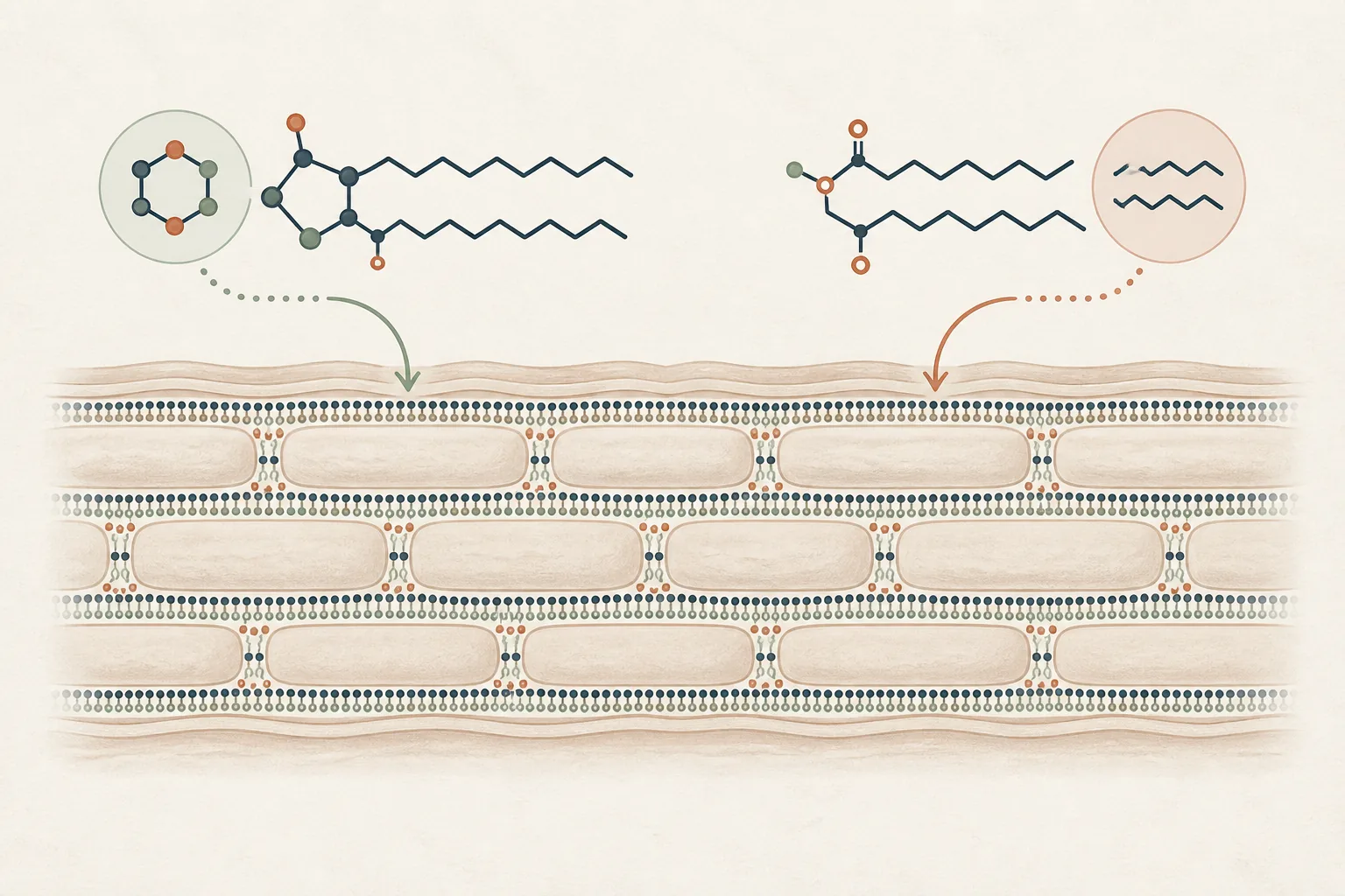 Editorial scientific illustration of ceramide and pseudoceramide lipid structures supporting a layered skin barrier