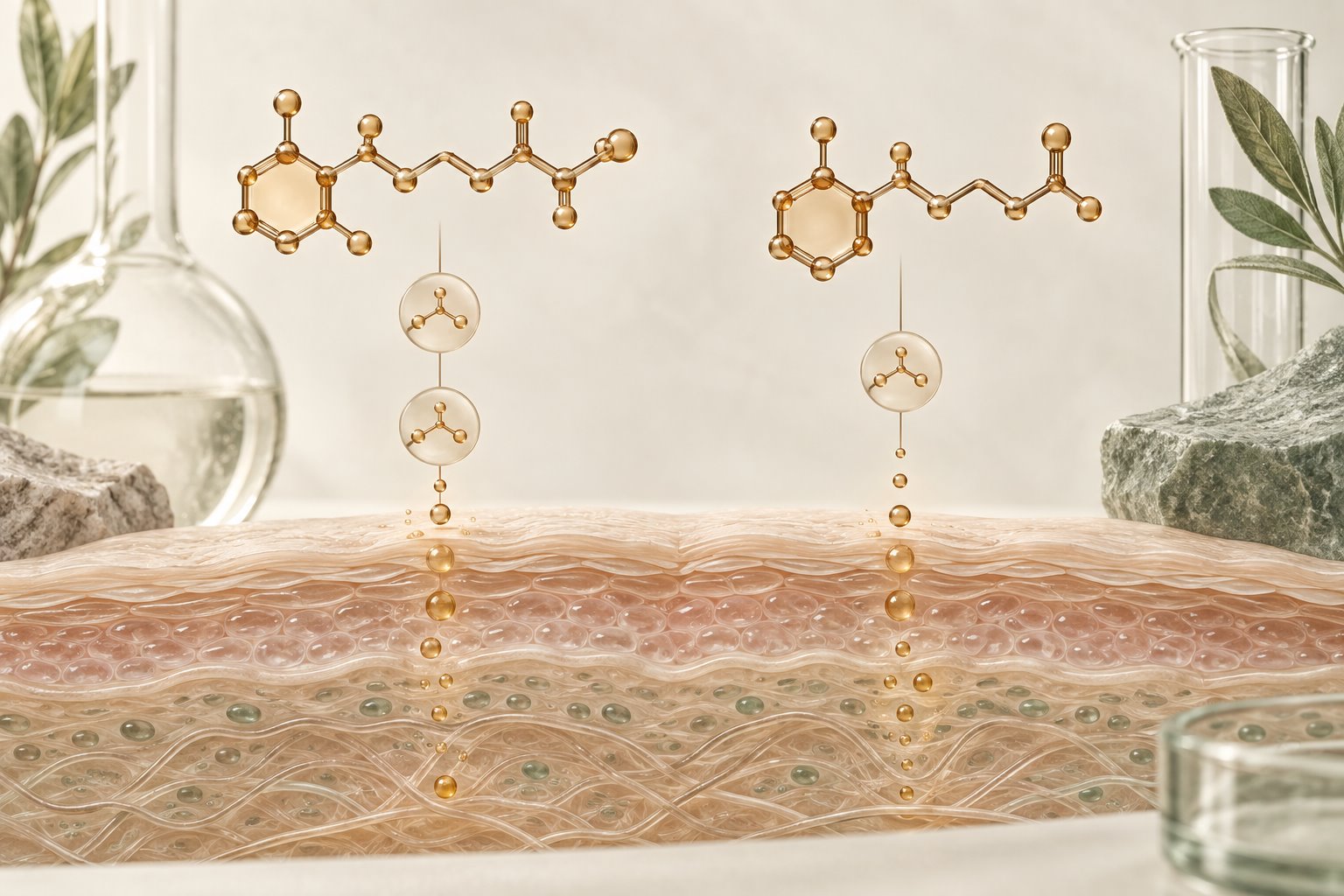 Balanced scientific editorial illustration comparing retinol and retinal pathways above a skin cross-section