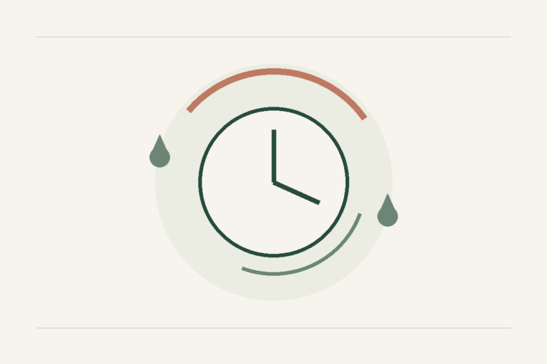 Movement arcs and water drops around a clock; exercise skincare routine illustration